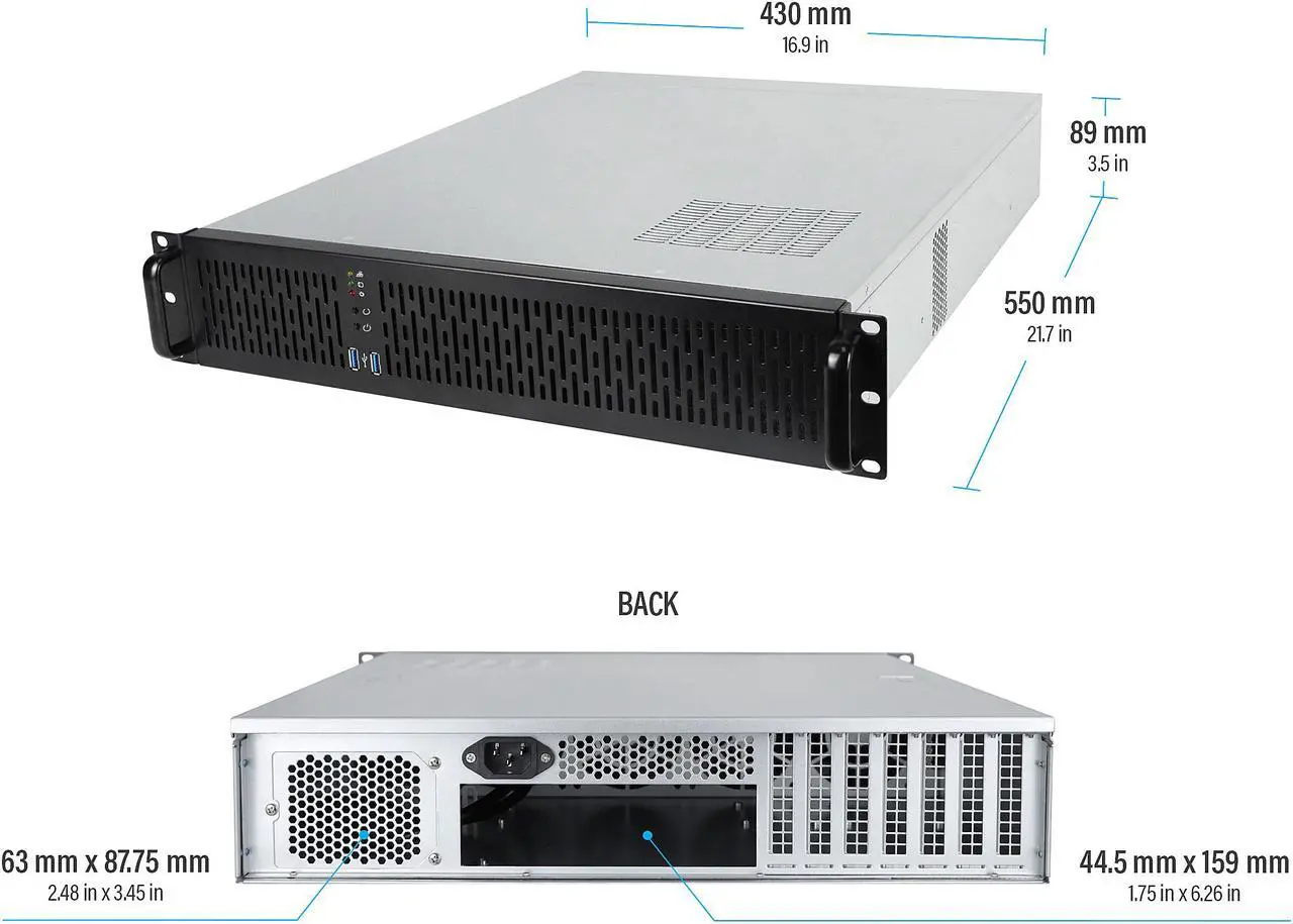 Alt view image 5 of 7 - Rosewill 2U Server Chassis Rackmount Case, 4x 3.5" Bays, 2x 2.5" Devices, ATX Compatible, Up to 4x 80mm Fans, 2x USB 3.0, Silver/Black - RSV-Z2850U