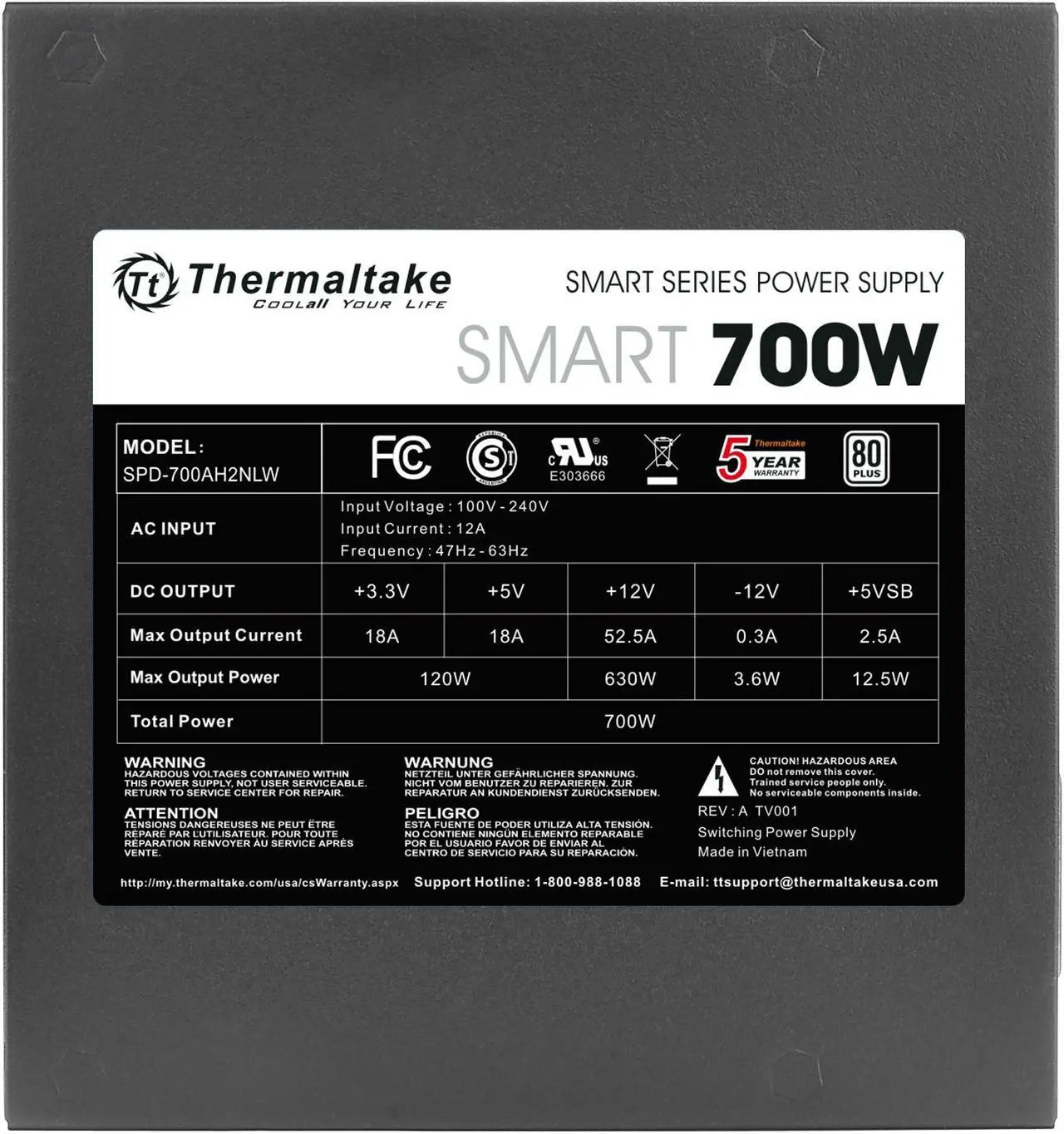 Alt view image 5 of 7 - Thermaltake Smart Series 700W SLI / CrossFire Ready Continuous Power ATX12V V2.3 / EPS12V 80 PLUS Certified Active PFC Power Supply Haswell Ready PS-SPD-0700NPCWUS-W