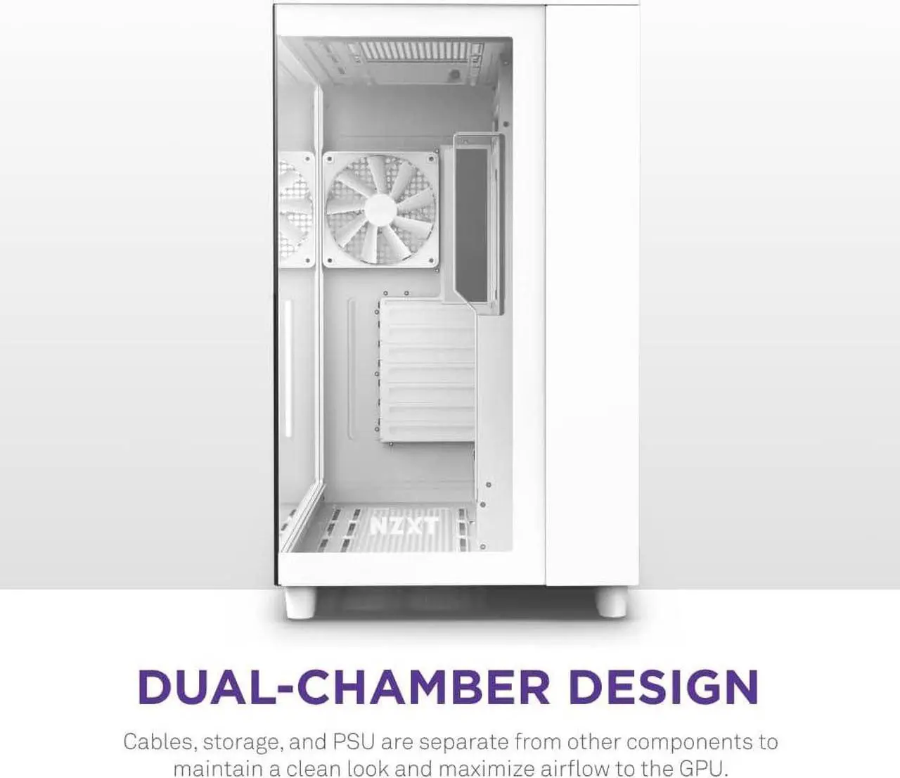 Alt view image 4 of 7 - NZXT H9 Flow Dual-Chamber ATX Mid-Tower PC Gaming Case  High-Airflow Perforated Top Panel  Tempered Glass Front & Side Panels  360mm Radiator Support  Cable Management  White