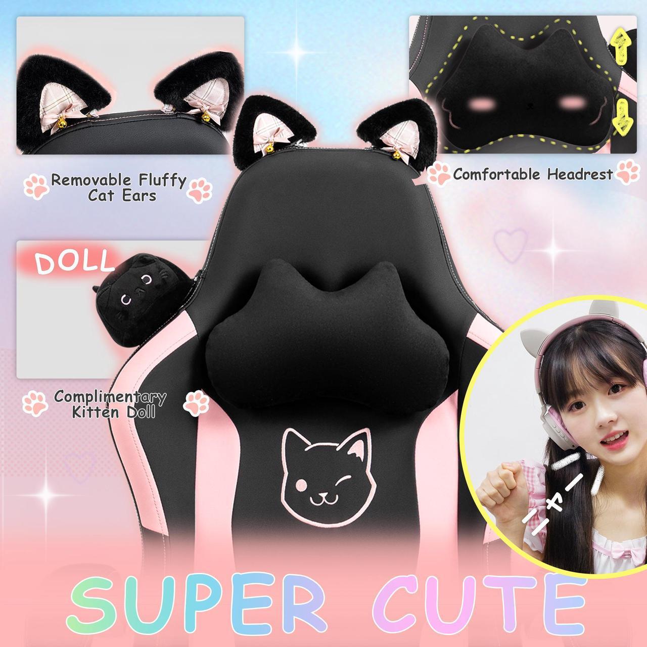 Alt view image 3 of 7 - Dowinx Cute Cat-Ear Gaming Chair with Massaging Lumbar Support, Ergonomic Computer Gaming Chair for Girl and Adults, Reclining Comfort Game Chair with Footrest, Black